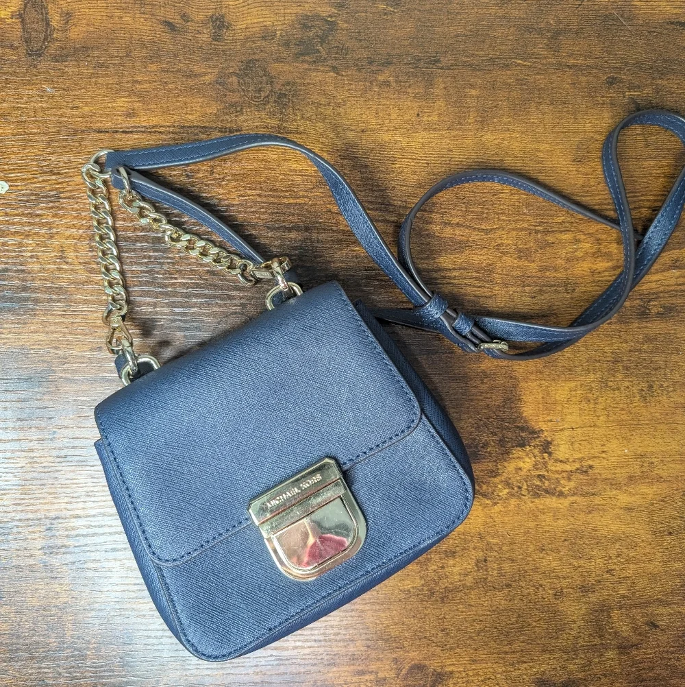 Michael Kors Dark Blue Crossbody Bag with Gold Chain